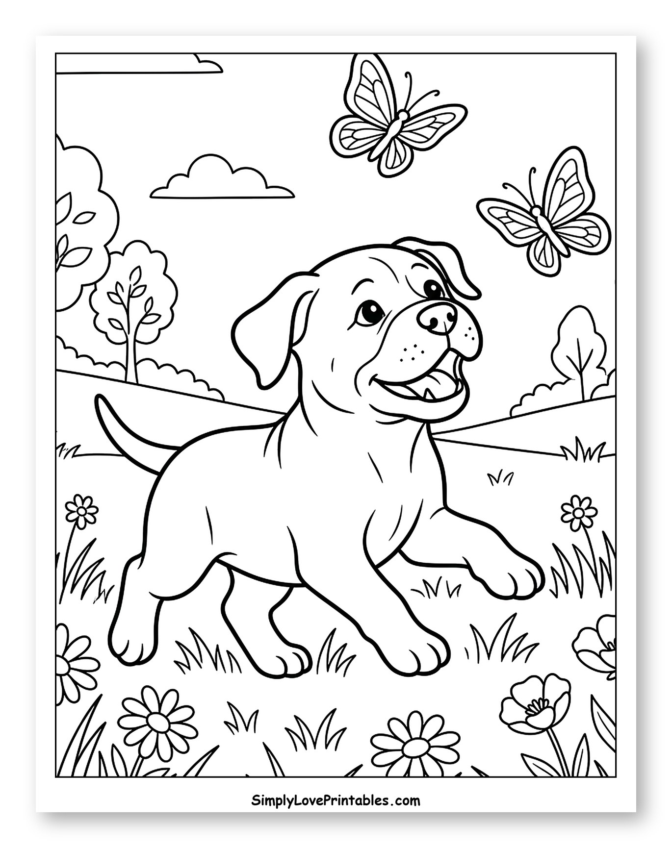Happy Puppy Chasing Butterflies in a Field