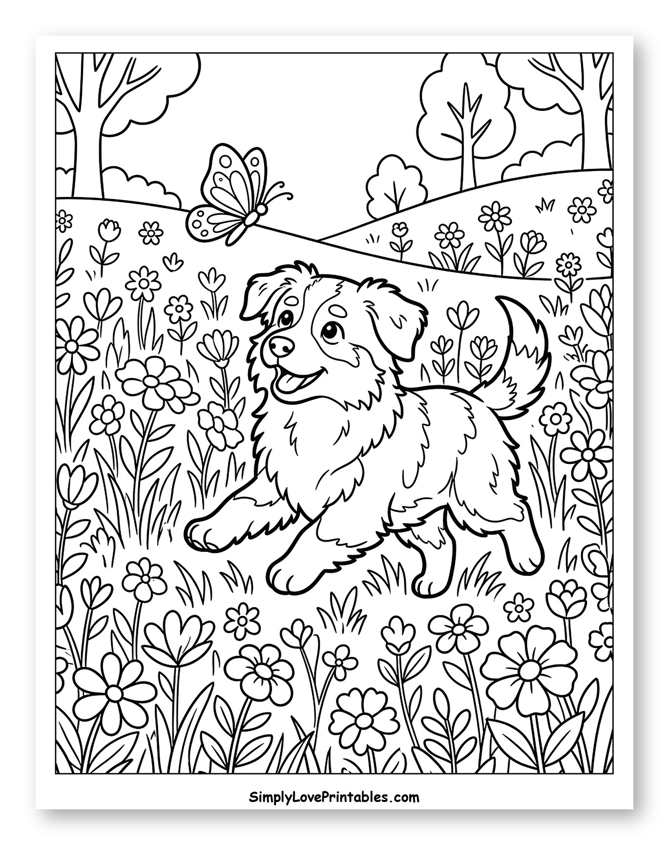 Happy Puppy Chasing Butterfly in Flower Field