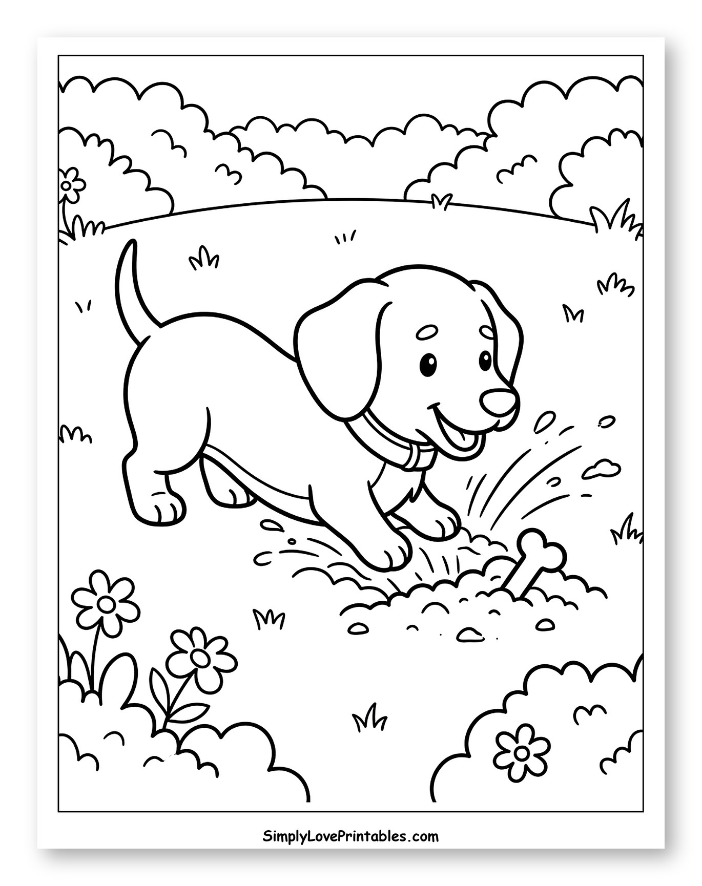 Happy Puppy Digging Up a Bone to Color for Kids