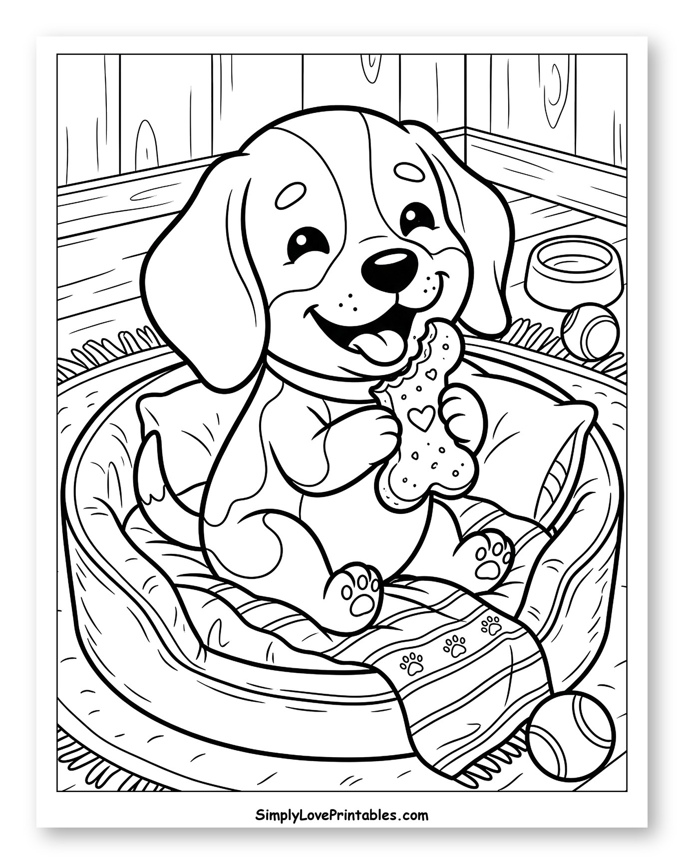 Happy Puppy Eating a Treat in Its Bed to Color for Kids