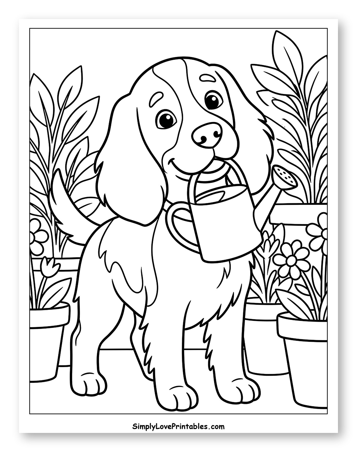 Happy Puppy Holding Watering Can in Garden