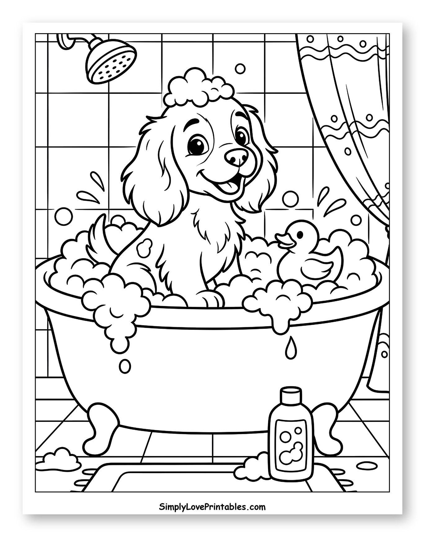 Happy Puppy in Bathtub with Rubber Duck Coloring Page for Kids