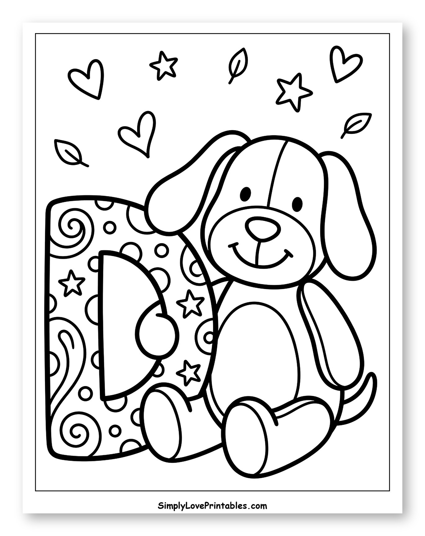 Happy Puppy Next to Patterned Letter D Coloring Sheet for Adults