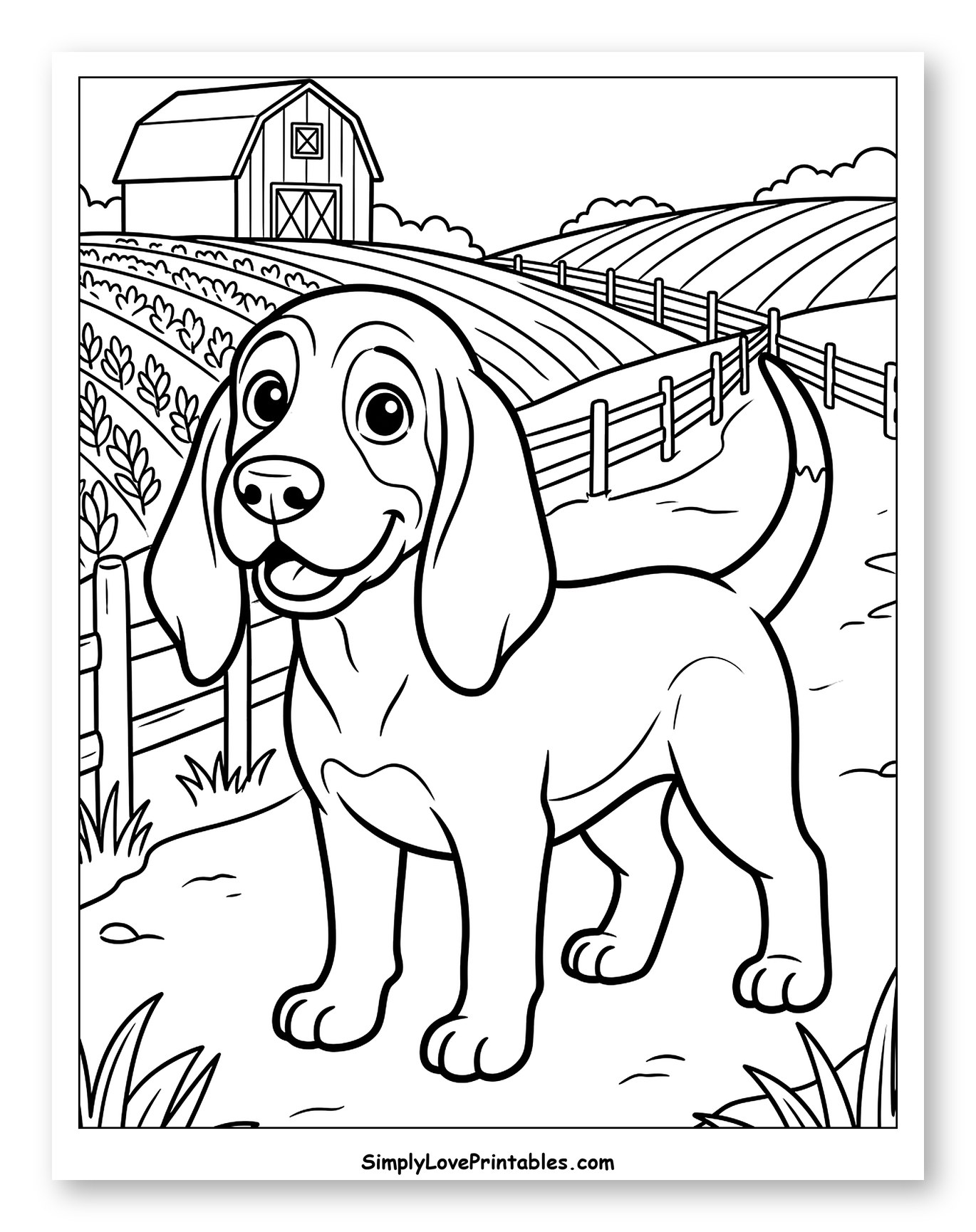 Happy Puppy on a Farm Path with Barn