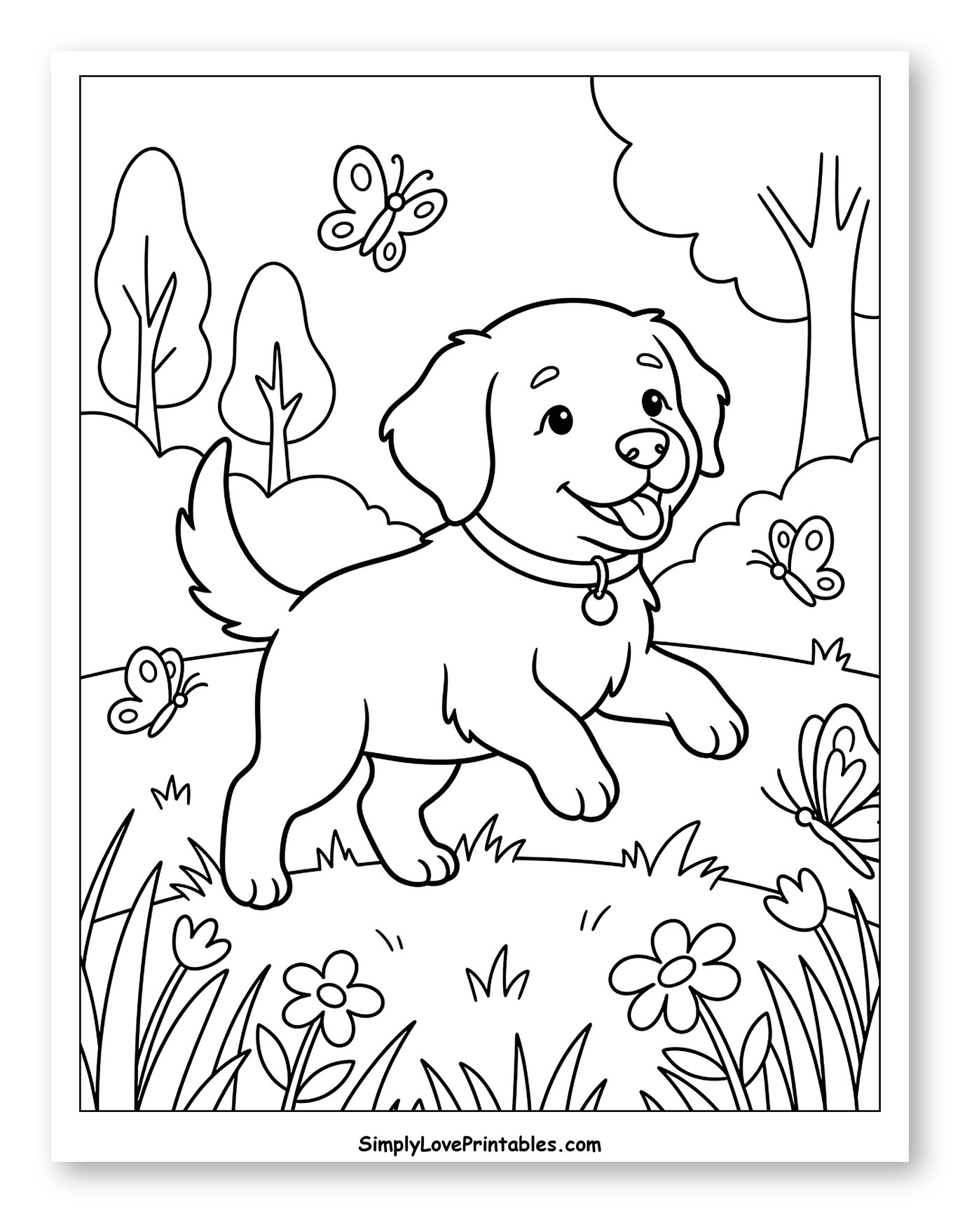 Happy Puppy Playing with Butterflies in a Field Coloring Sheet for Kids