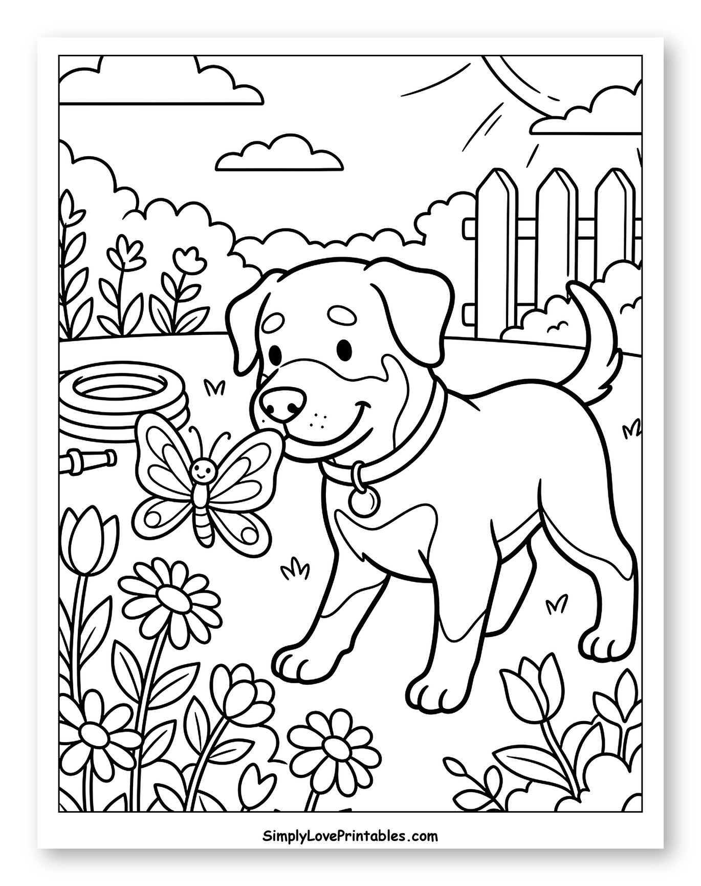 Happy Puppy Sniffing a Butterfly in Garden Coloring Sheet for Kids