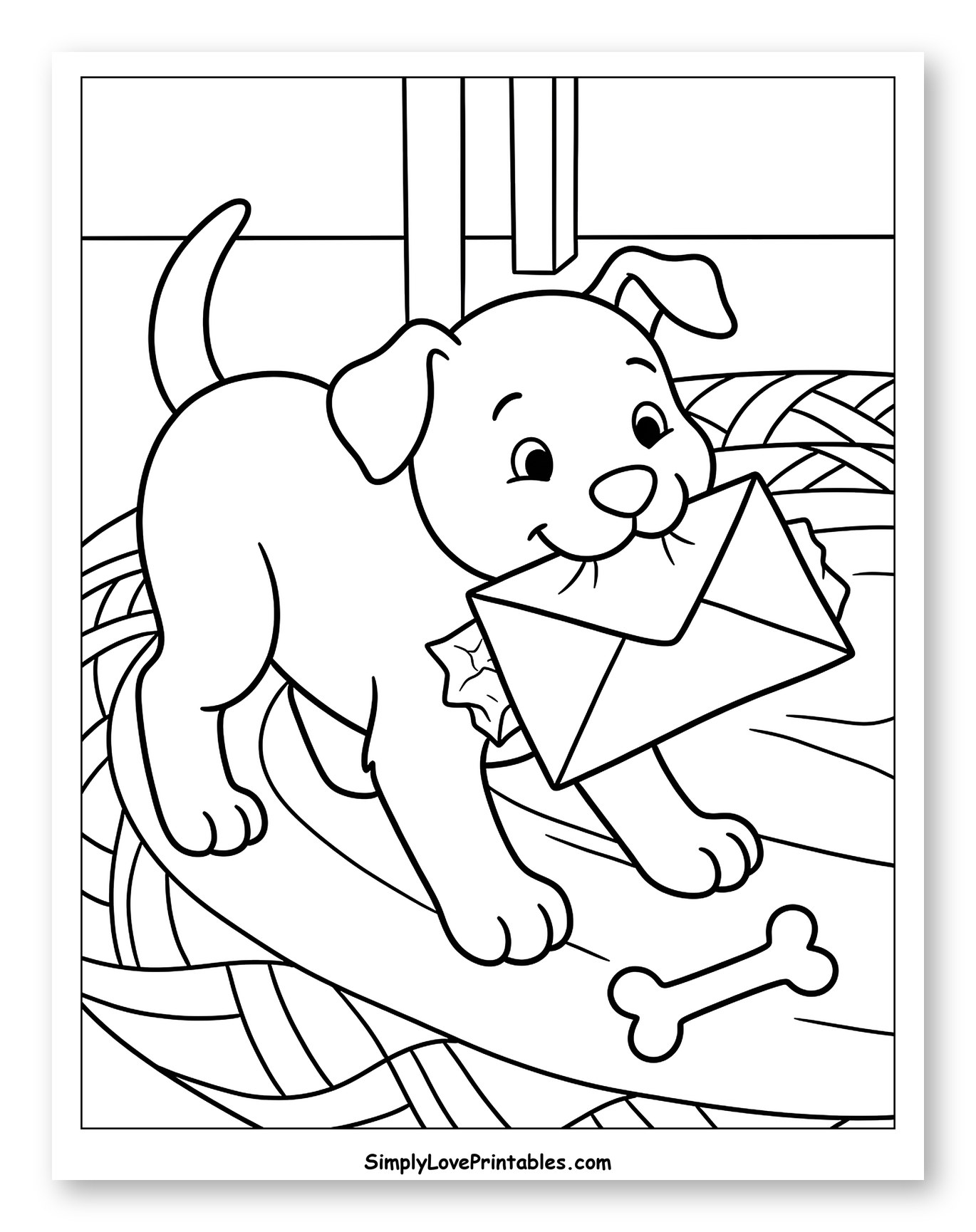 Happy Puppy with a Letter and Bone Coloring Page for Kids
