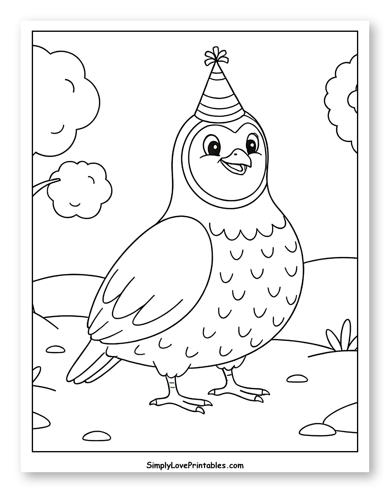 Happy Quail Wearing a Party Hat Outdoors