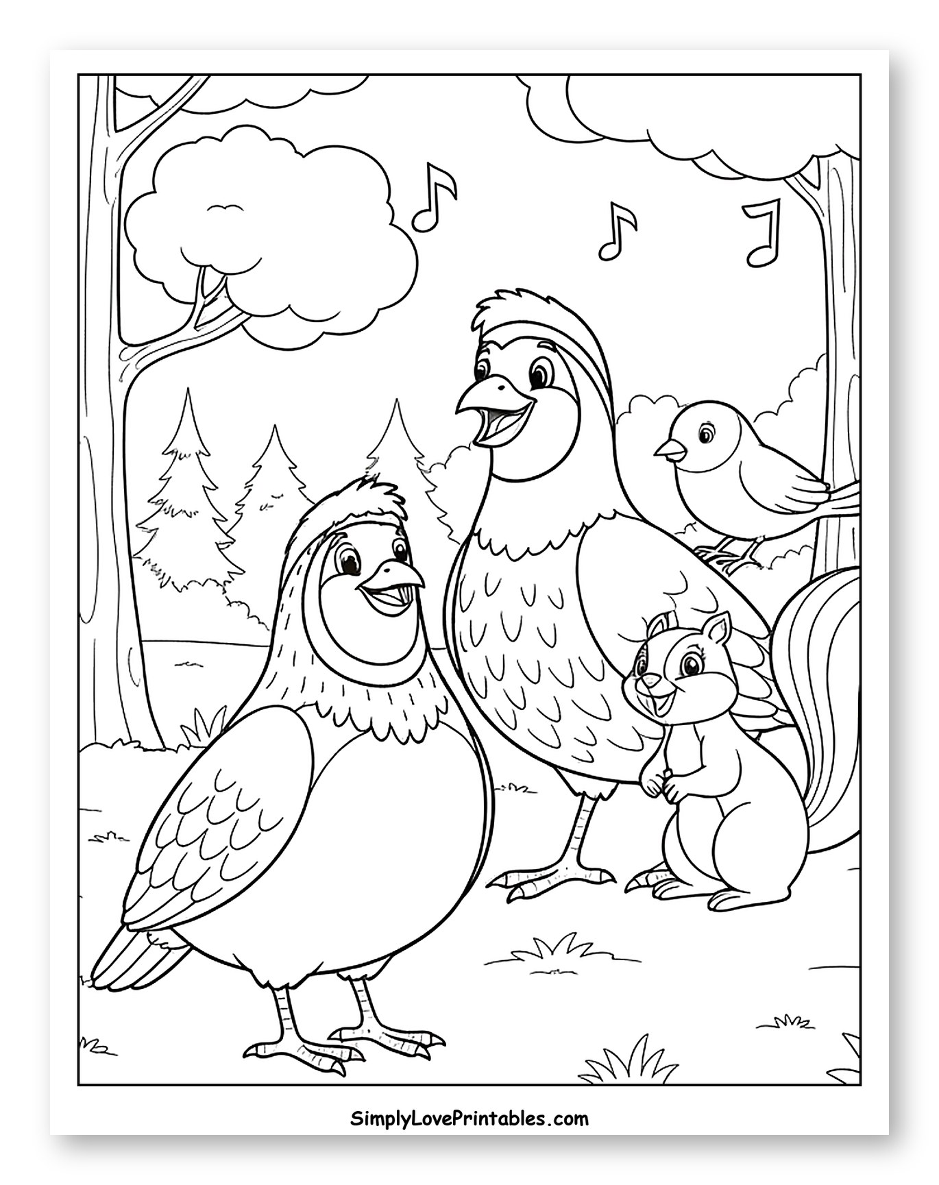 Happy Quails, Bird, and Squirrel Singing in Forest