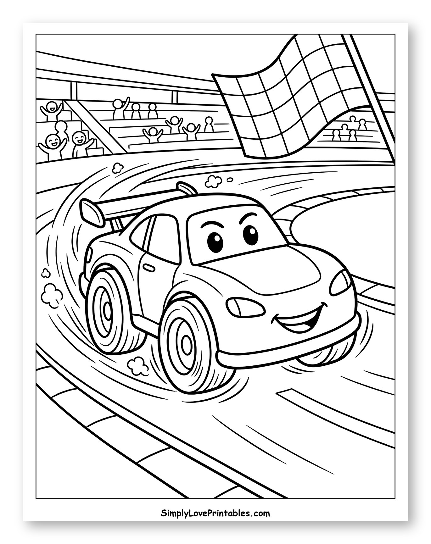 Happy Race Car Drifting Past Spectators and Checkered Flag
