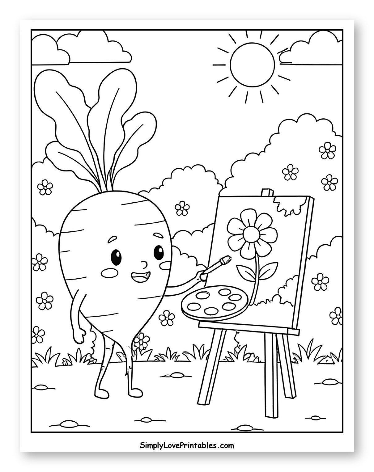 Happy Radish Painting a Flower Scene
