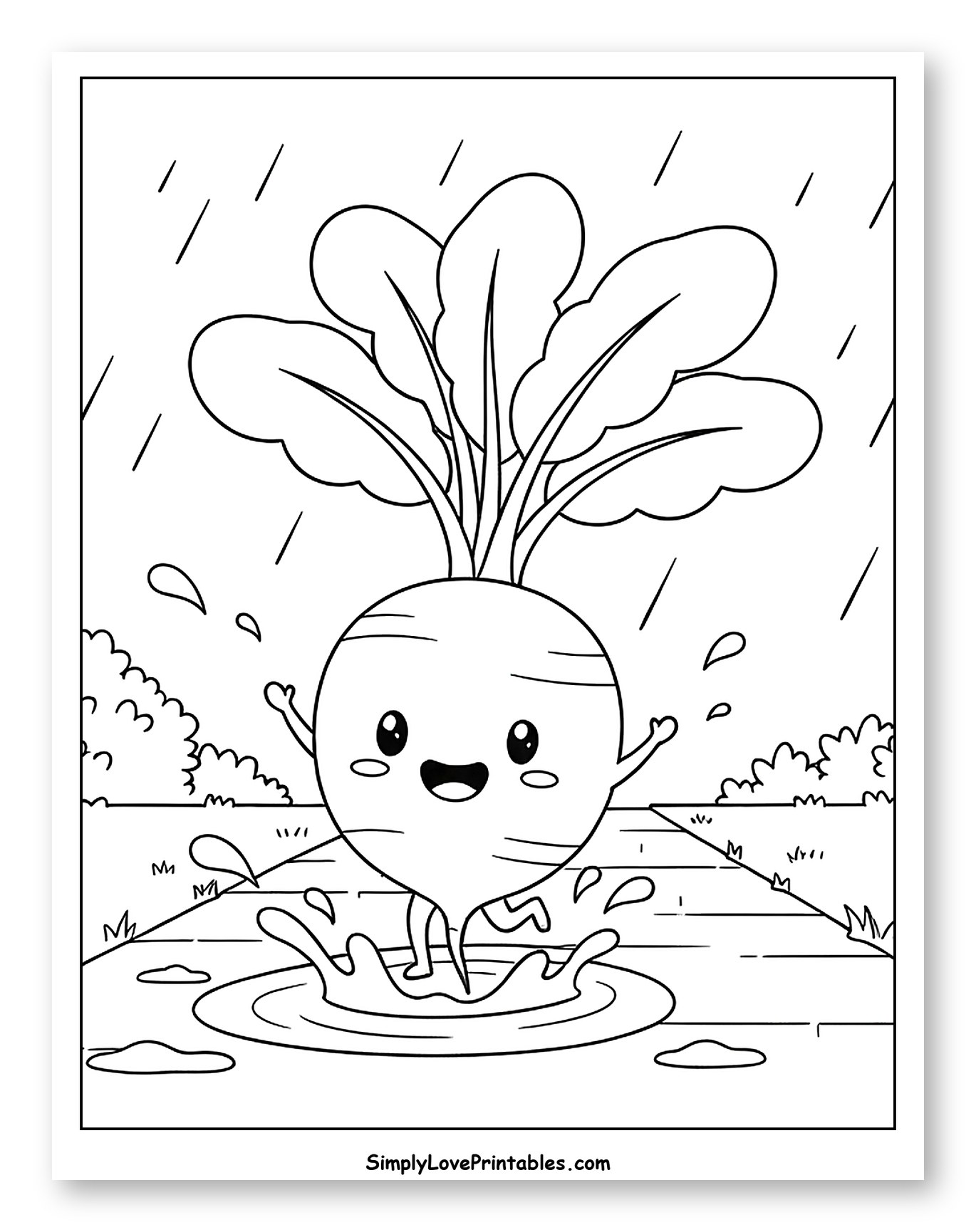 Happy Radish Splashing in a Puddle Coloring Page for Kids
