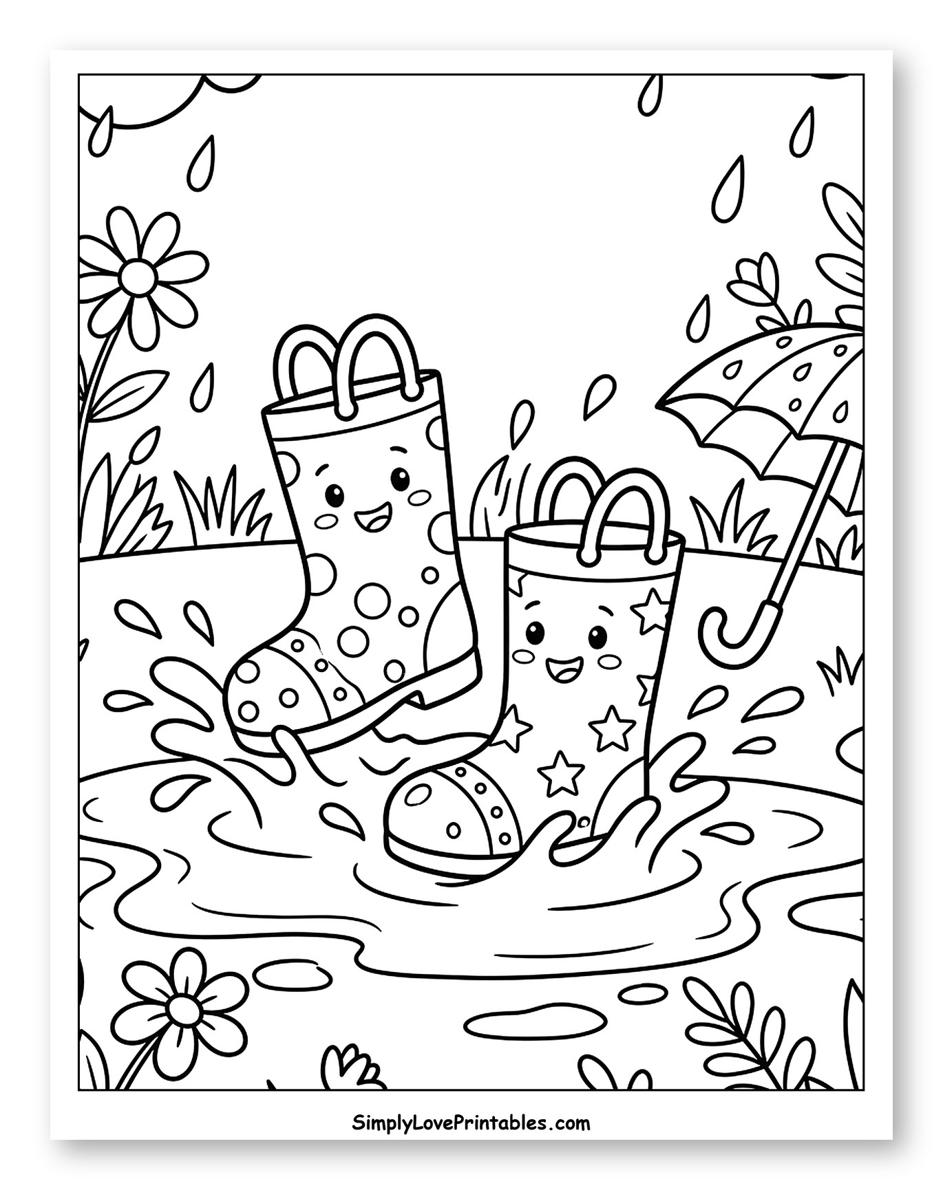 Happy Rain Boots Splashing in a Puddle Coloring Sheet for Kids