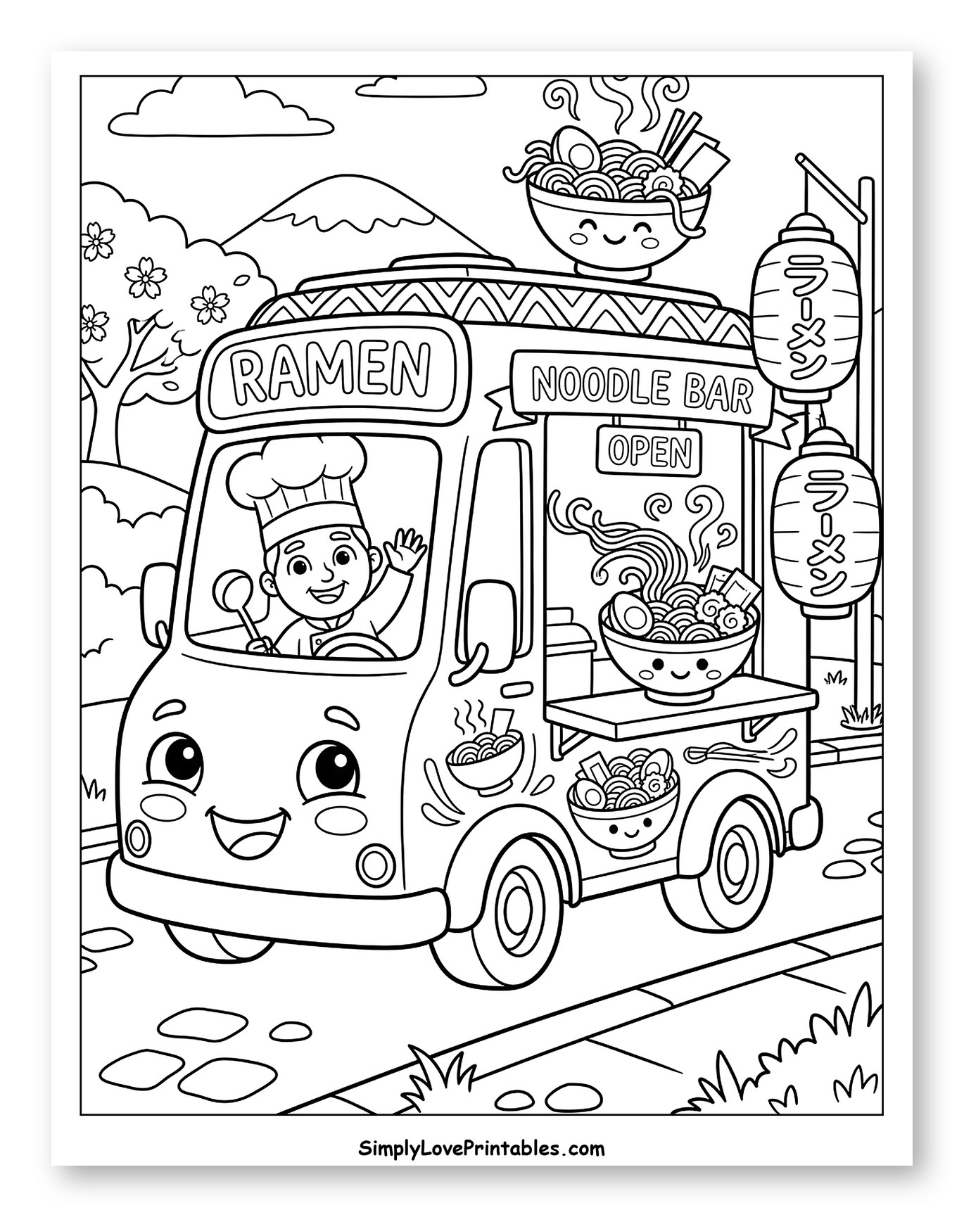 Happy Ramen Noodle Bar Food Truck Coloring Page for Kids