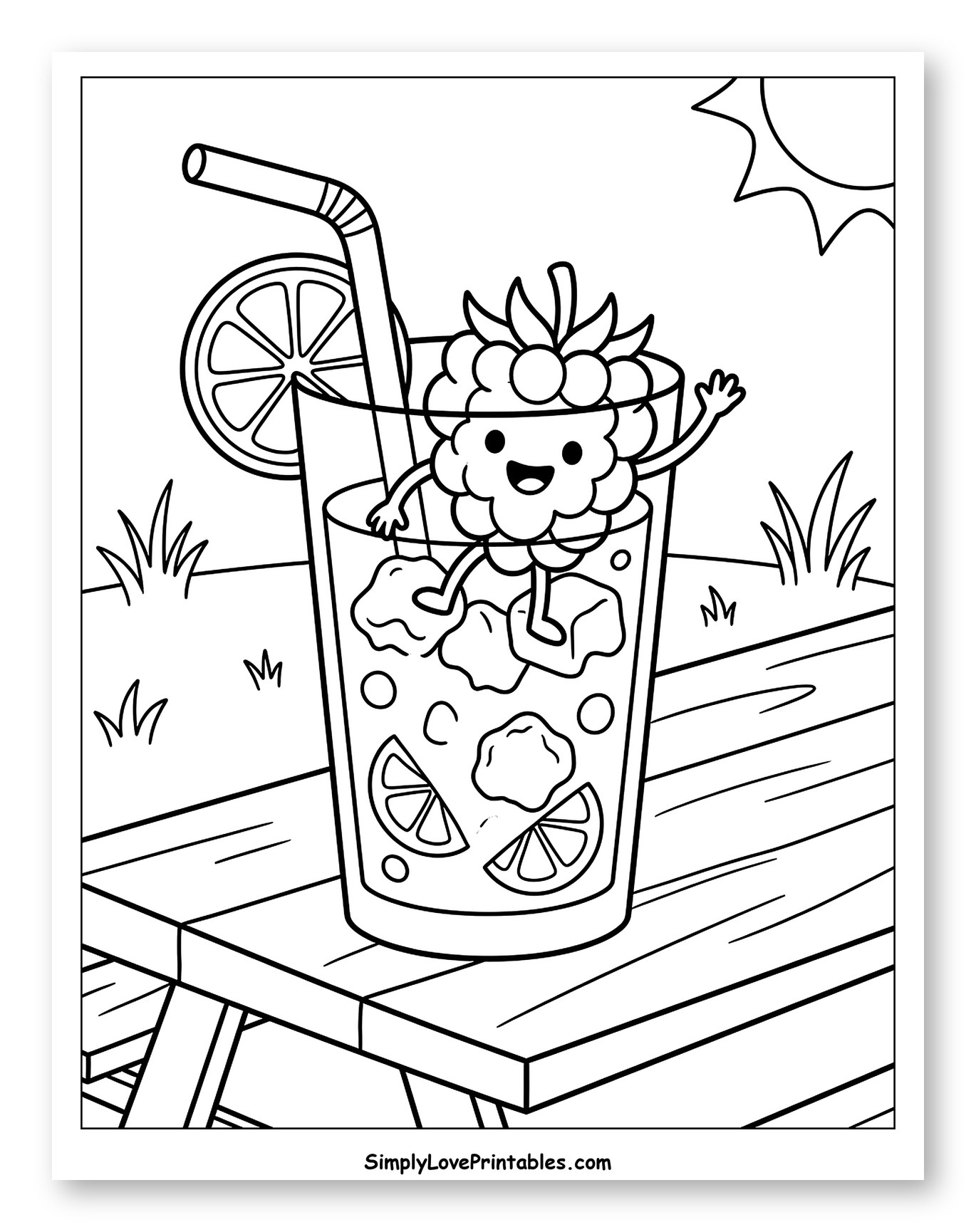 Happy Raspberry in Iced Drink on Picnic Table