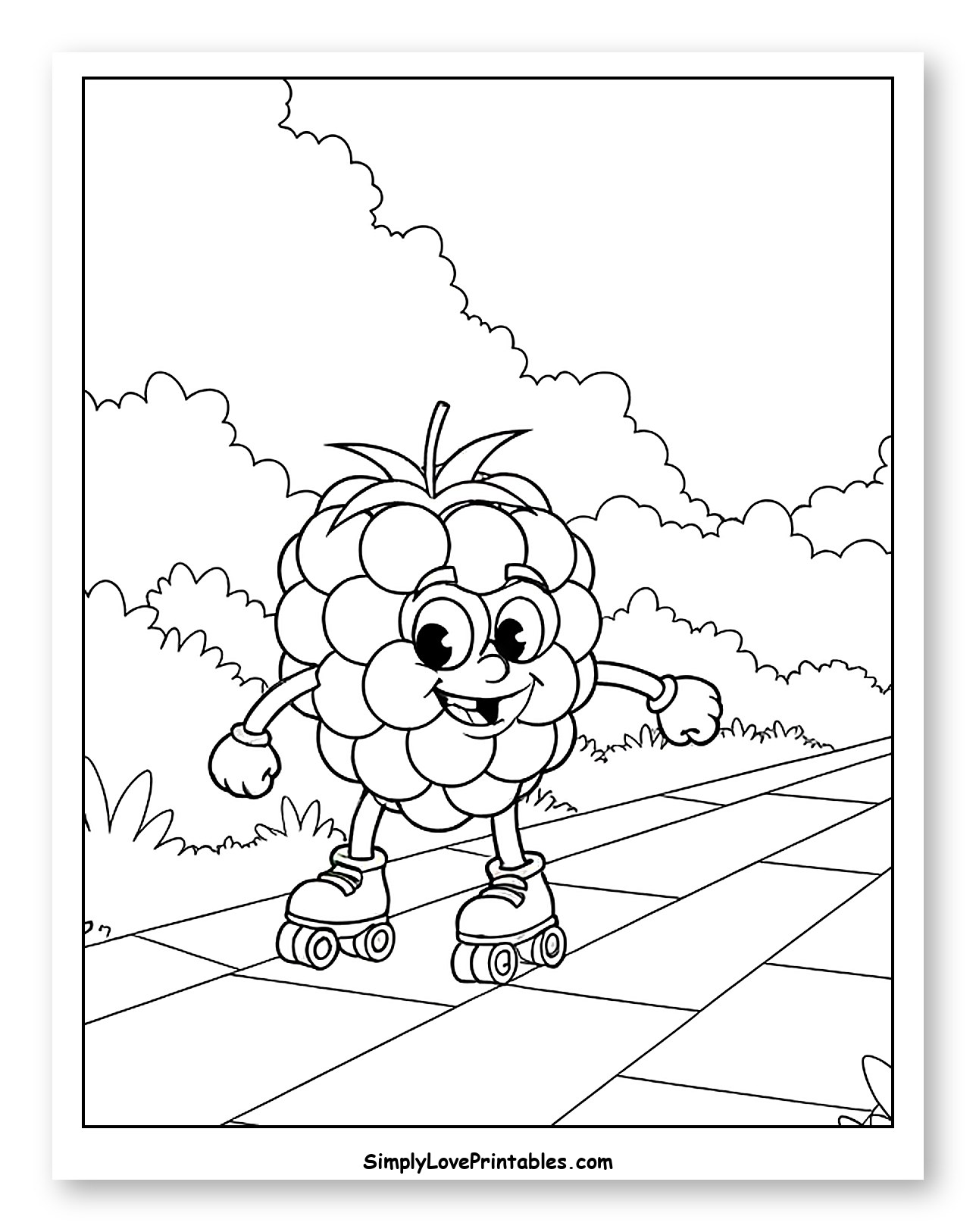 Happy Raspberry Roller Skating on a Path Coloring Sheet for Kids