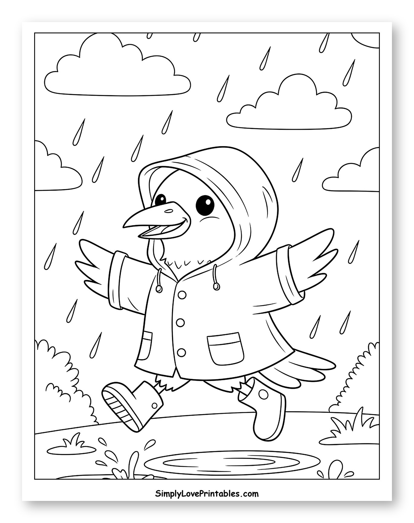 Happy Raven in Raincoat Splashing in Puddles