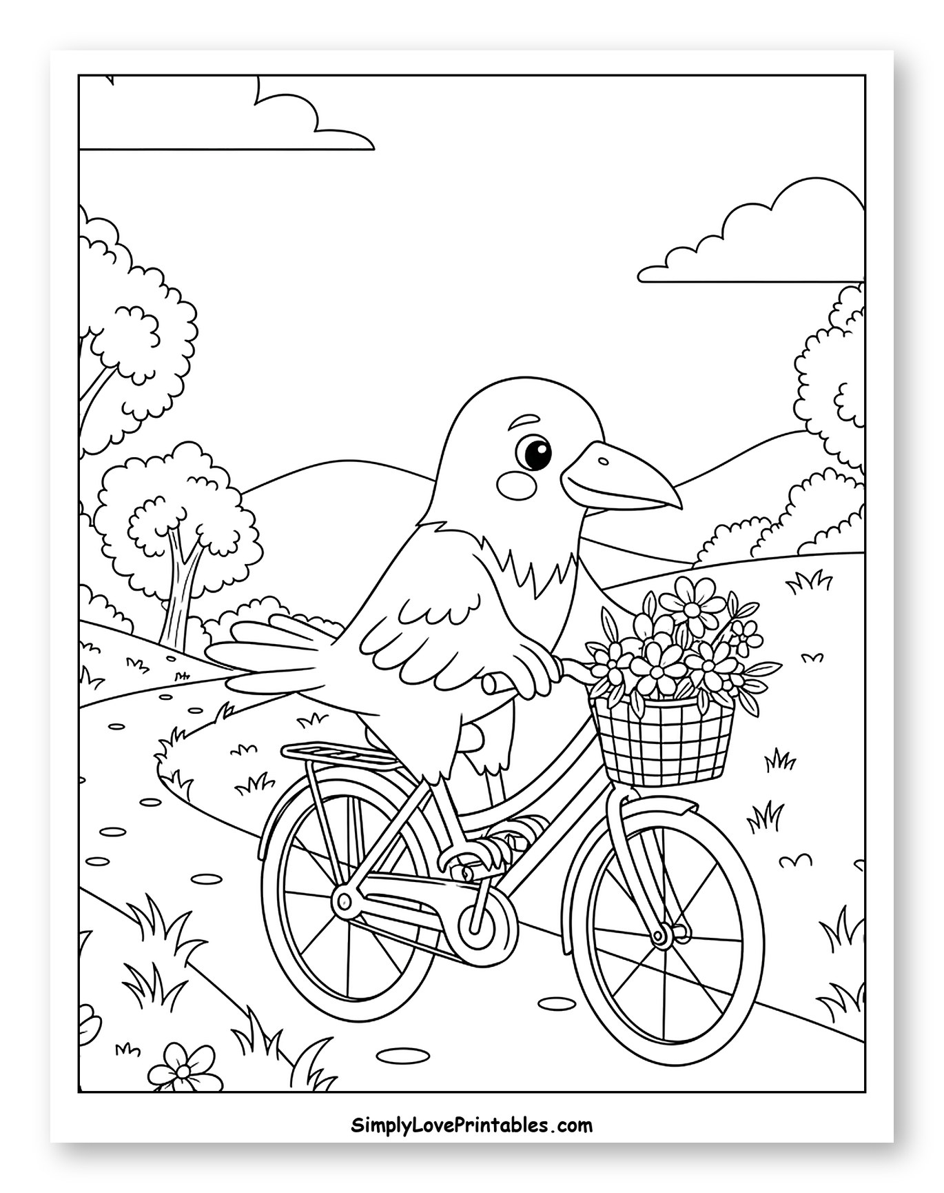 Happy Raven Riding a Bicycle with Flowers Coloring Sheet for Kids