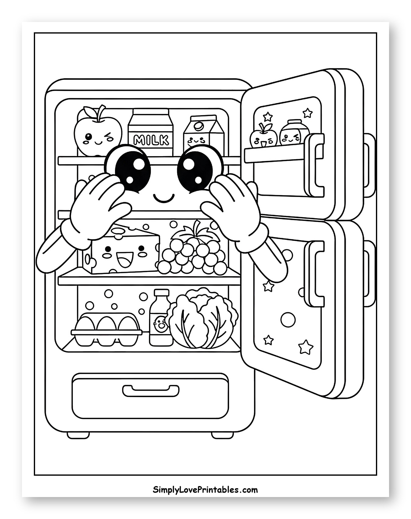 Happy Refrigerator Filled with Cute Food to Color for Kids