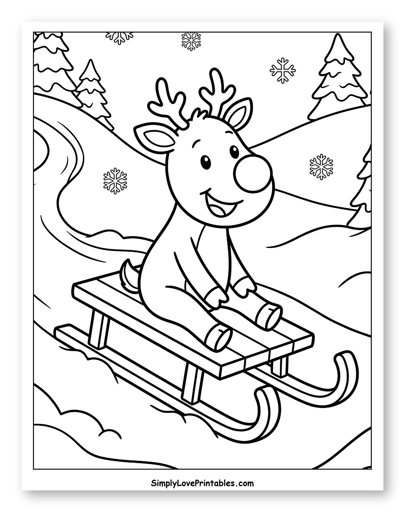Happy Reindeer Sledding Down a Snowy Slope