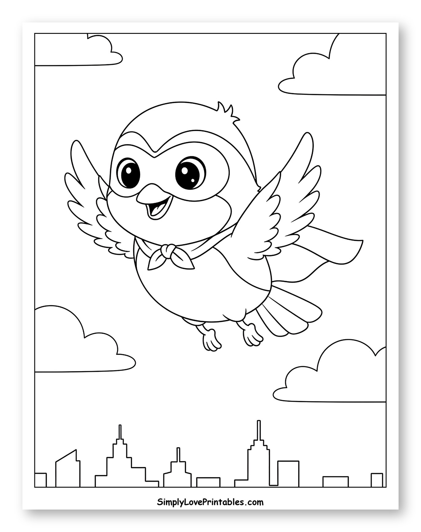 Happy Robin Superhero Soaring Above City Coloring Page for Kids