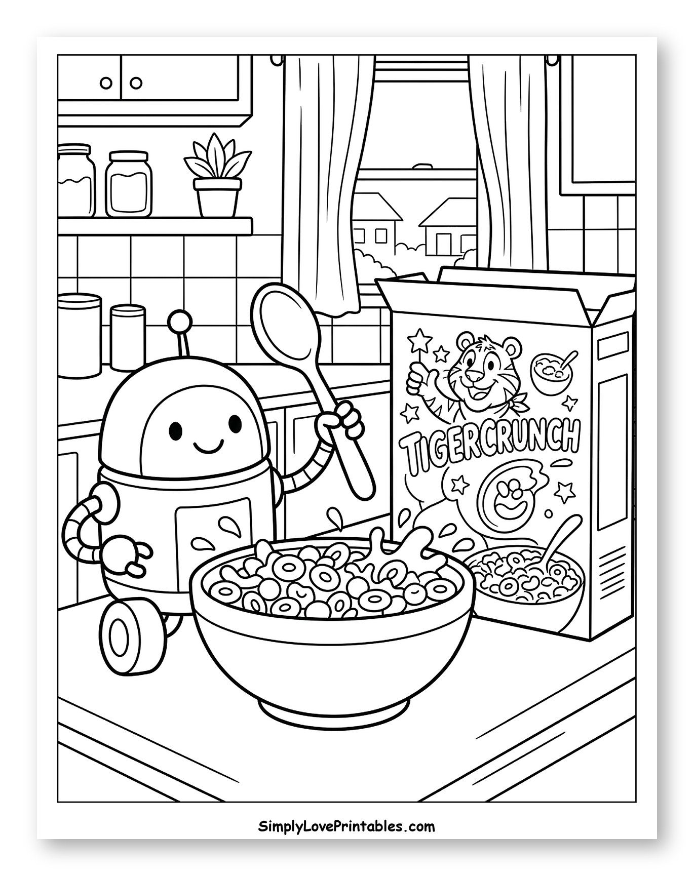 Happy Robot Enjoying Tiger Crunch Cereal