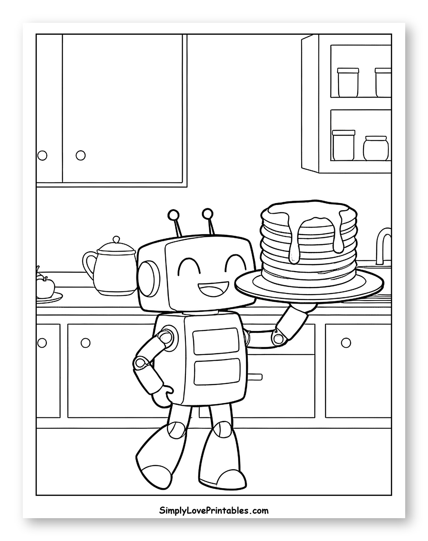 Happy Robot Serving Pancakes on a Plate Coloring Page for Kids