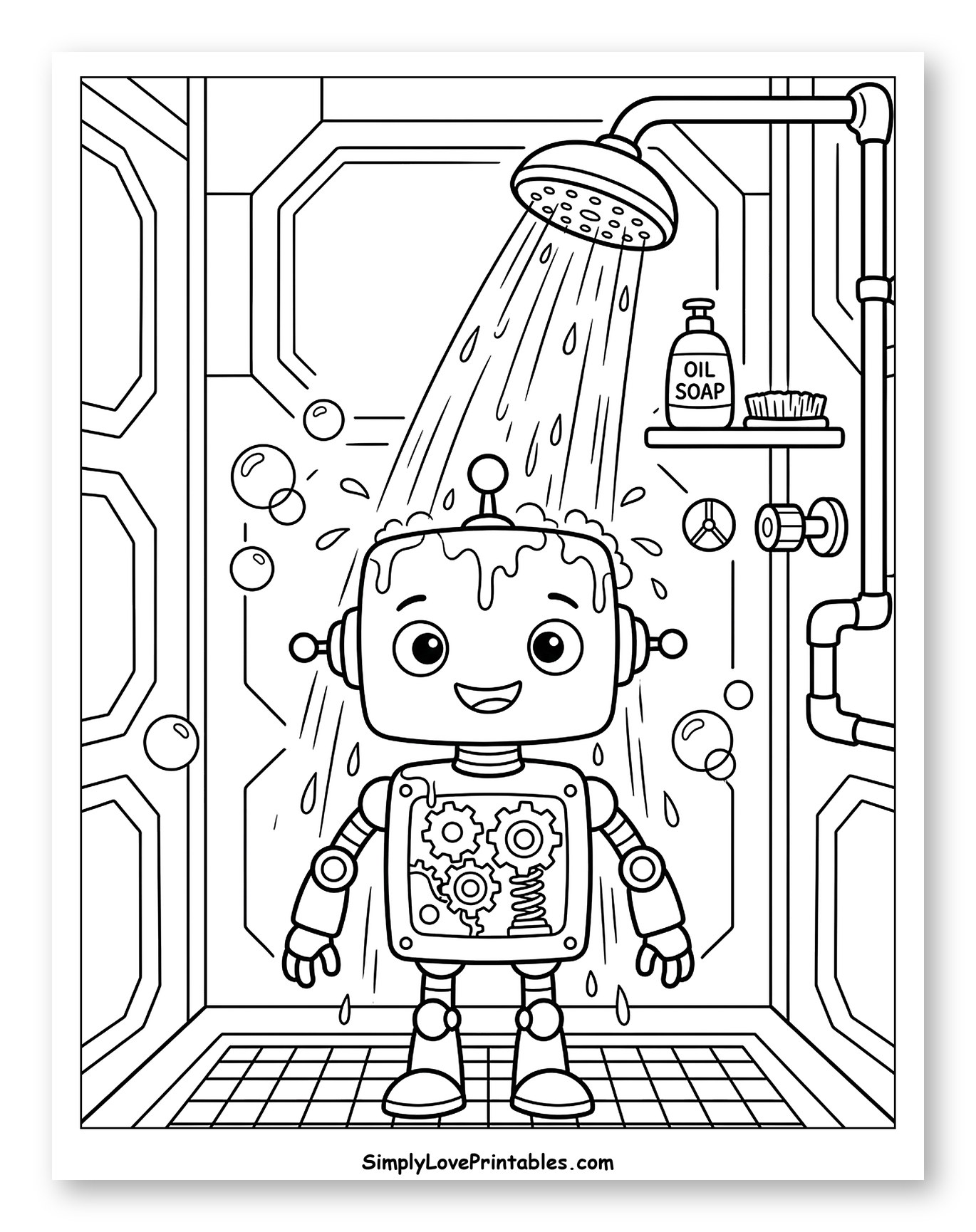 Happy Robot Taking a Shower with Oil Soap