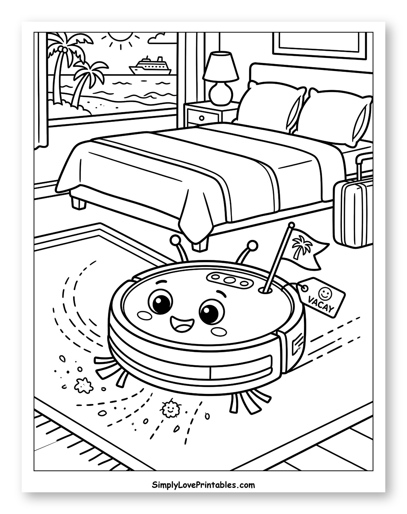 Happy Robot Vacuum in Tropical Bedroom Coloring Page for Kids