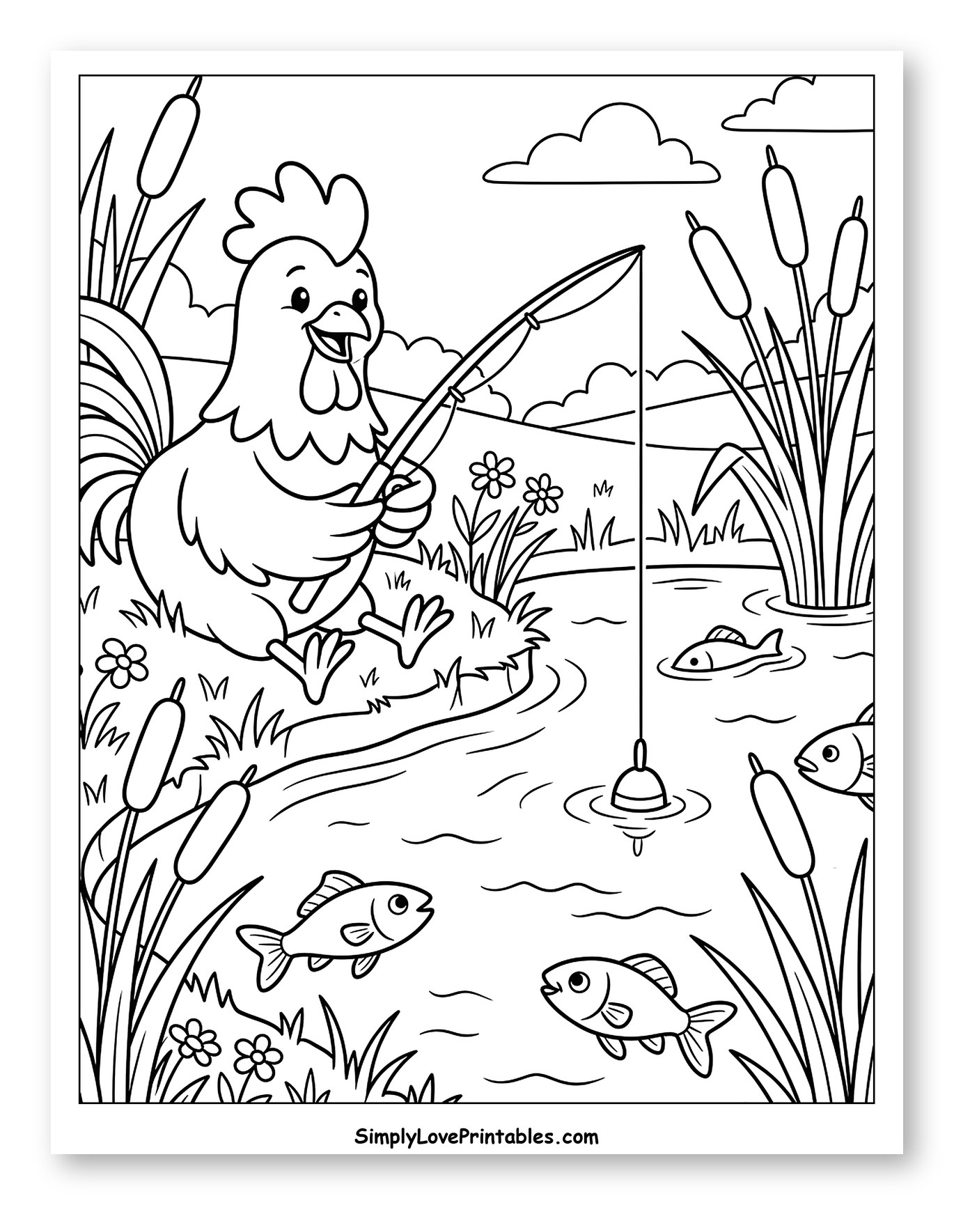 Happy Rooster Fishing with Many Fish Coloring Sheet for Kids