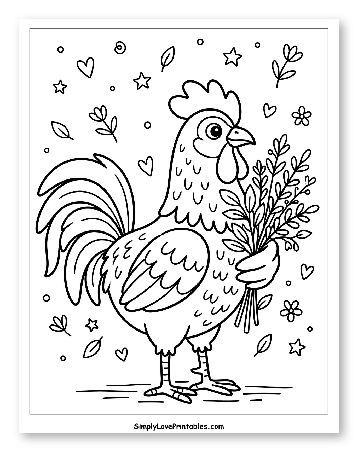 Happy Rooster Holding Bouquet of Leaves