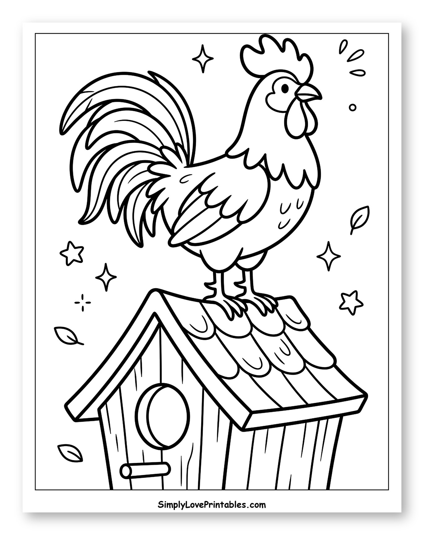 Happy Rooster on Birdhouse with Stars to Color for Adults