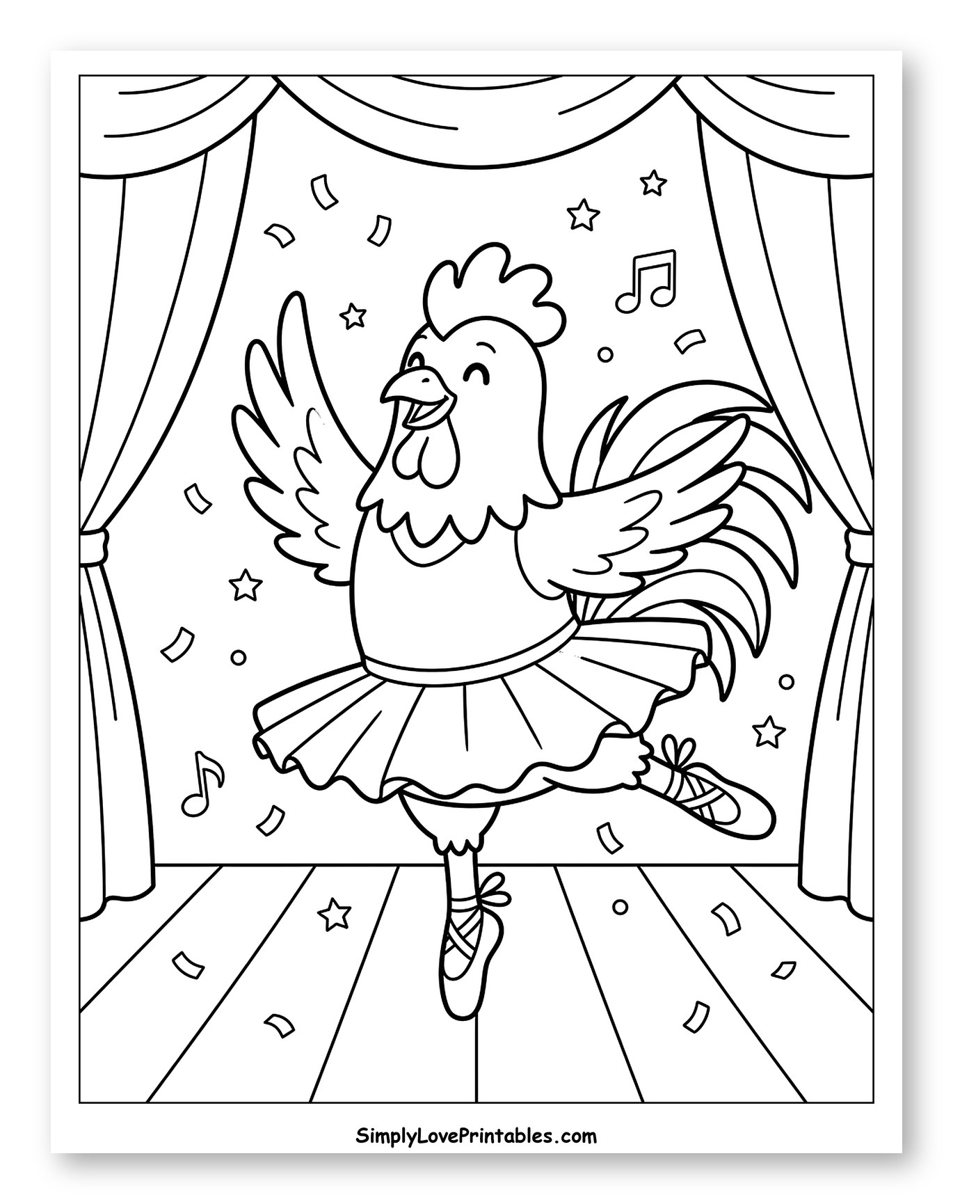 Happy Rooster Performing Ballet on Stage Coloring Page for Kids