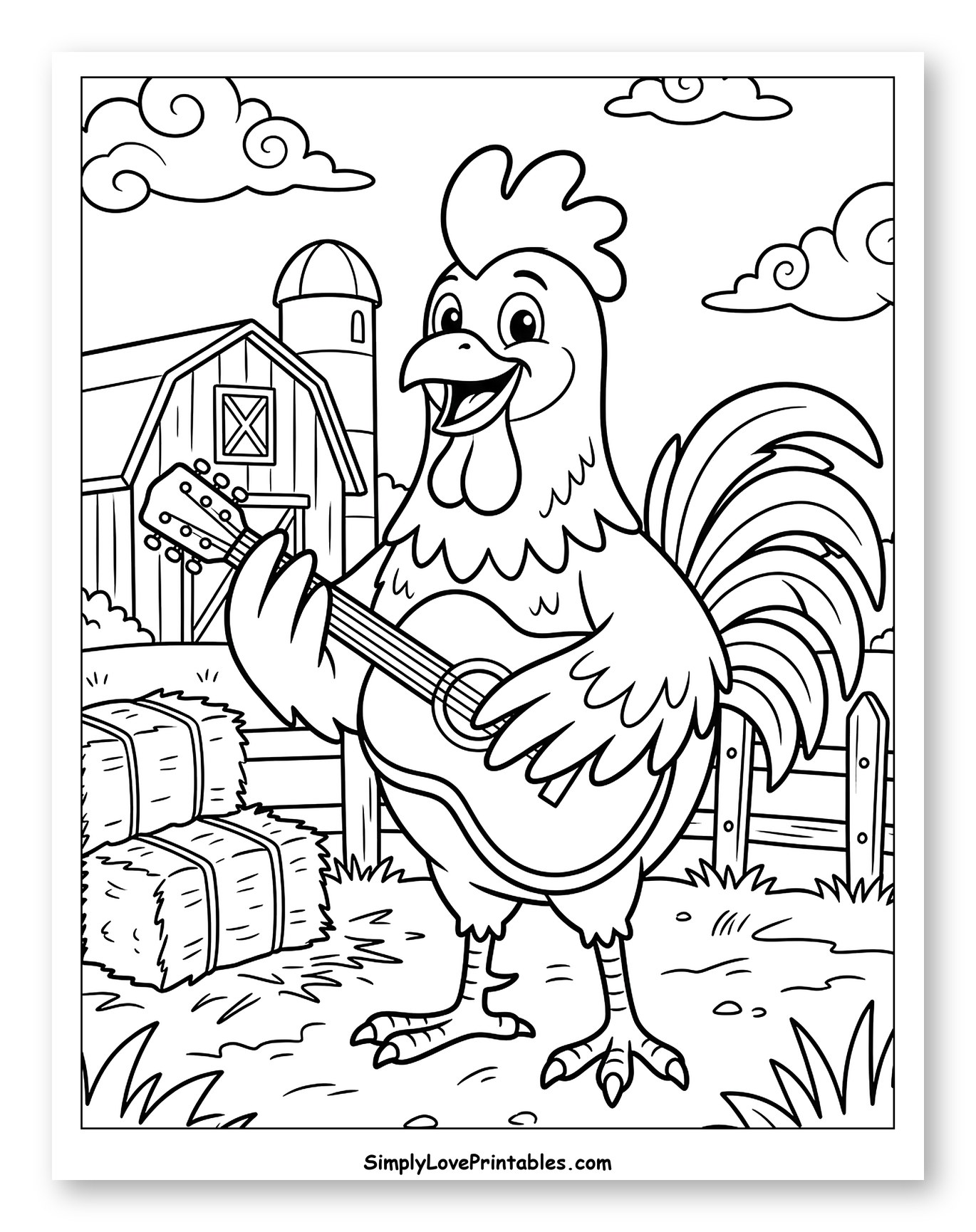 Happy Rooster Playing Guitar on a Farm Coloring Page for Kids