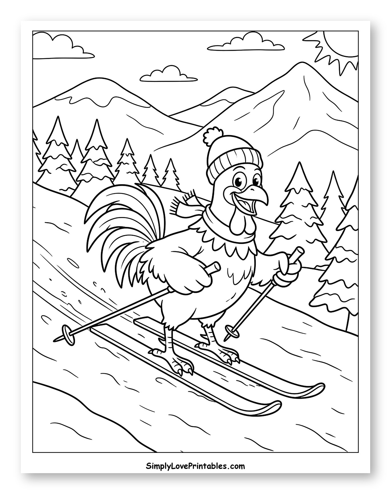 Happy Rooster Skiing Down a Mountain Slope