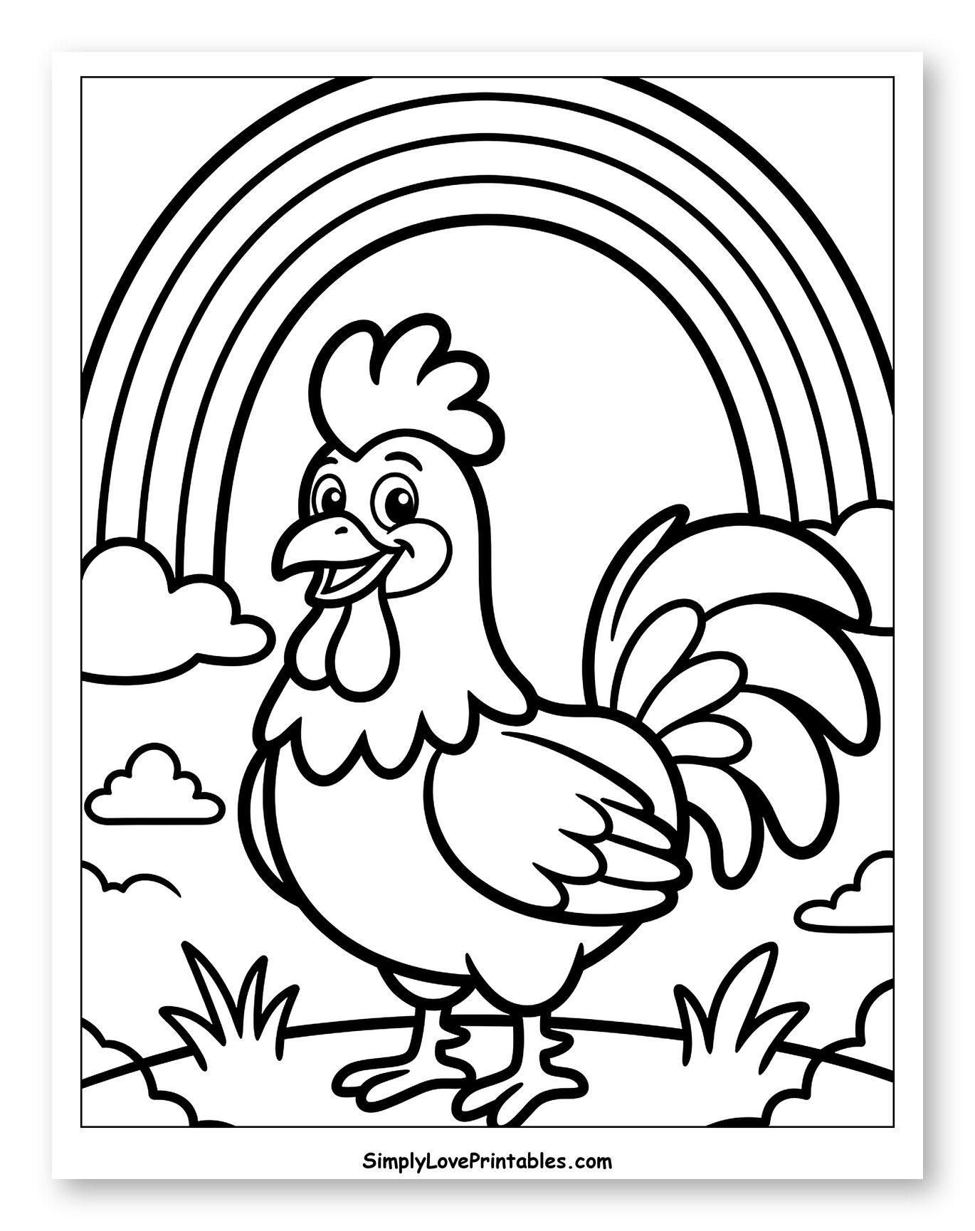 Happy Rooster with a Rainbow to Color for Toddlers