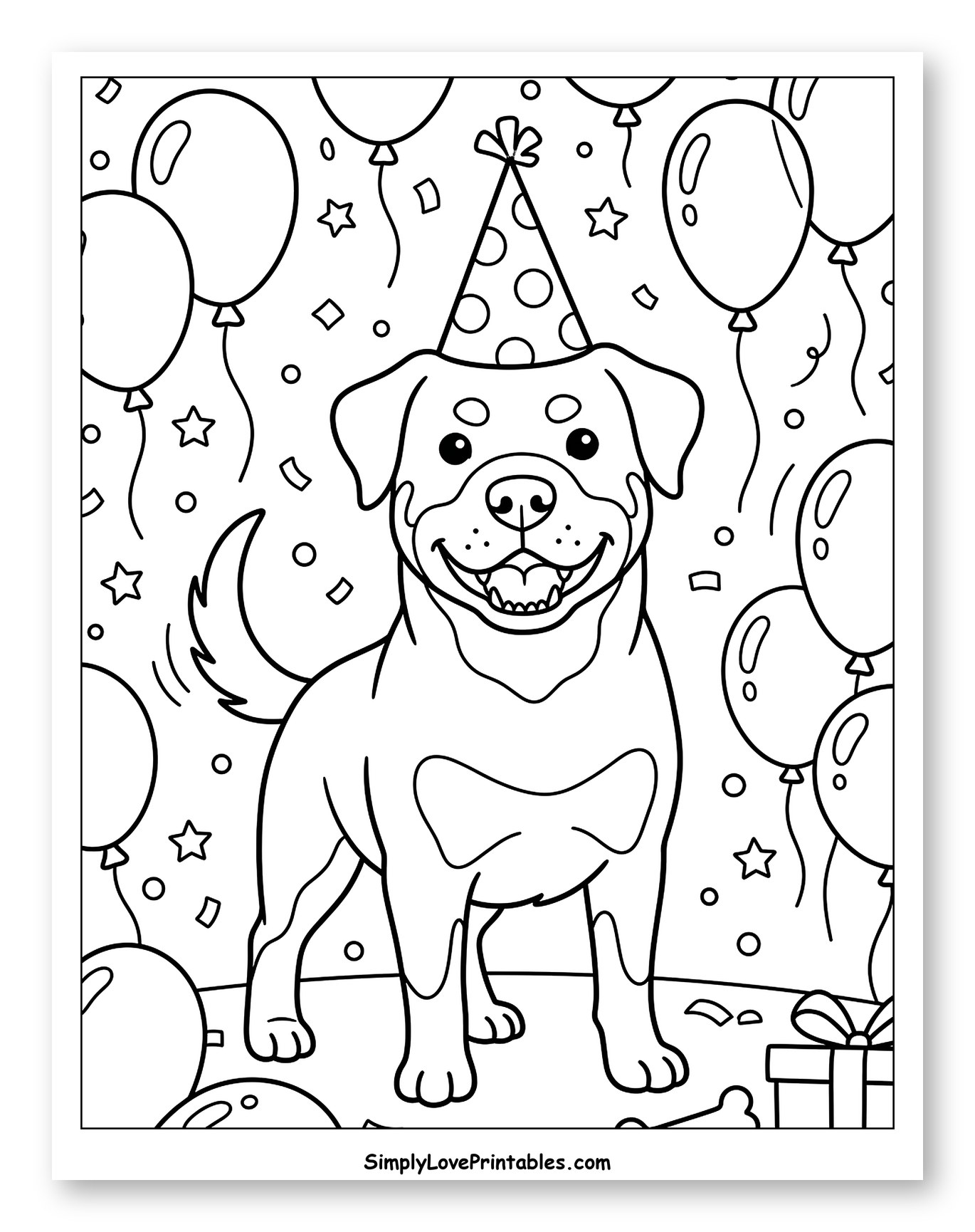 Happy Rottweiler Celebrating with Balloons to Color for Kids