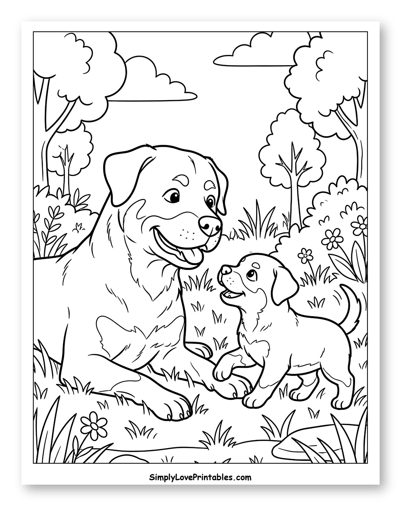 Happy Rottweiler Dog and Puppy in Nature to Color for Kids