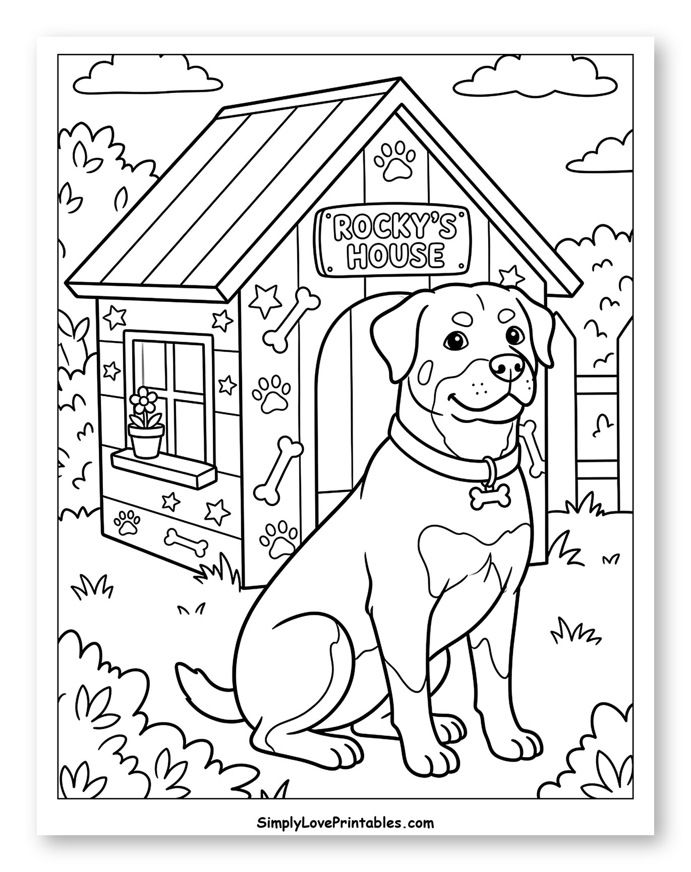 Happy Rottweiler Dog by Dog House Coloring Sheet for Kids