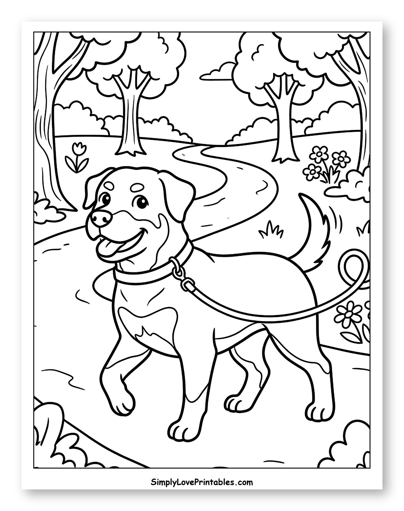 Happy Rottweiler Dog Walking on a Park Path Coloring Page for Kids