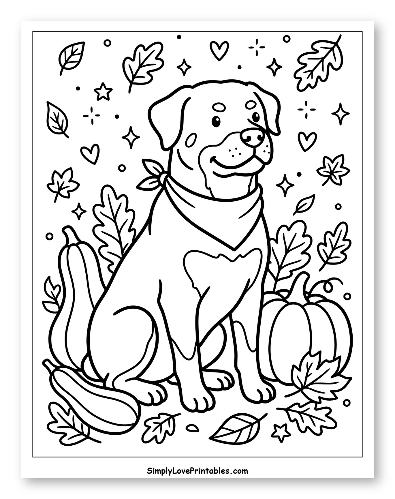 Happy Rottweiler Dog with Autumn Pumpkins to Color for Adults