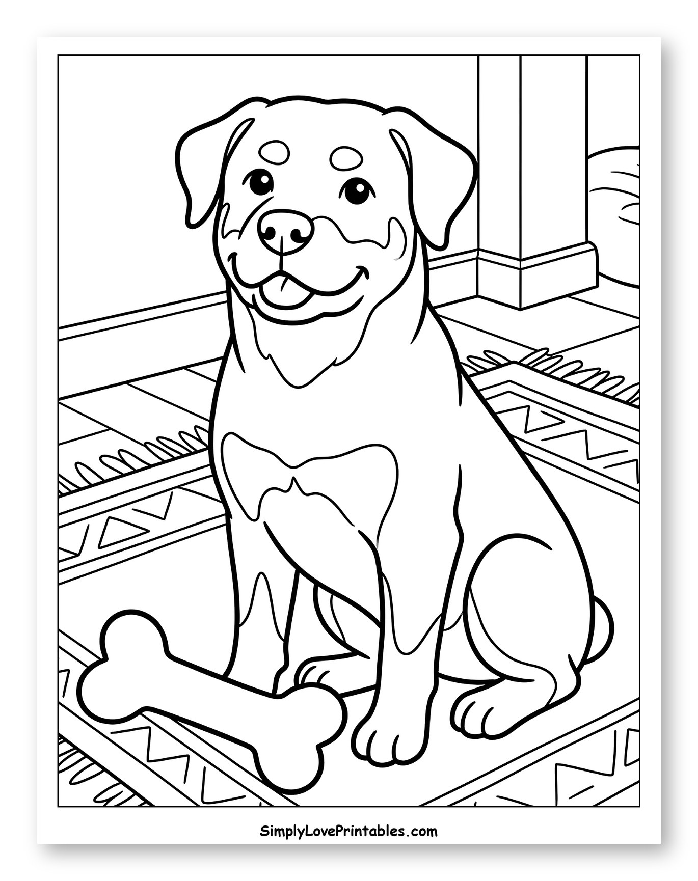 Happy Rottweiler Dog with Bone on a Rug