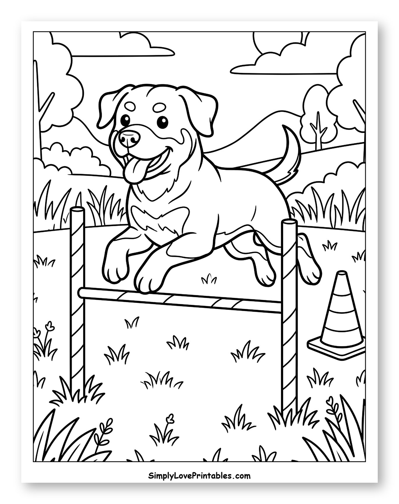 Happy Rottweiler Jumping Over Agility Bar Coloring Page for Kids