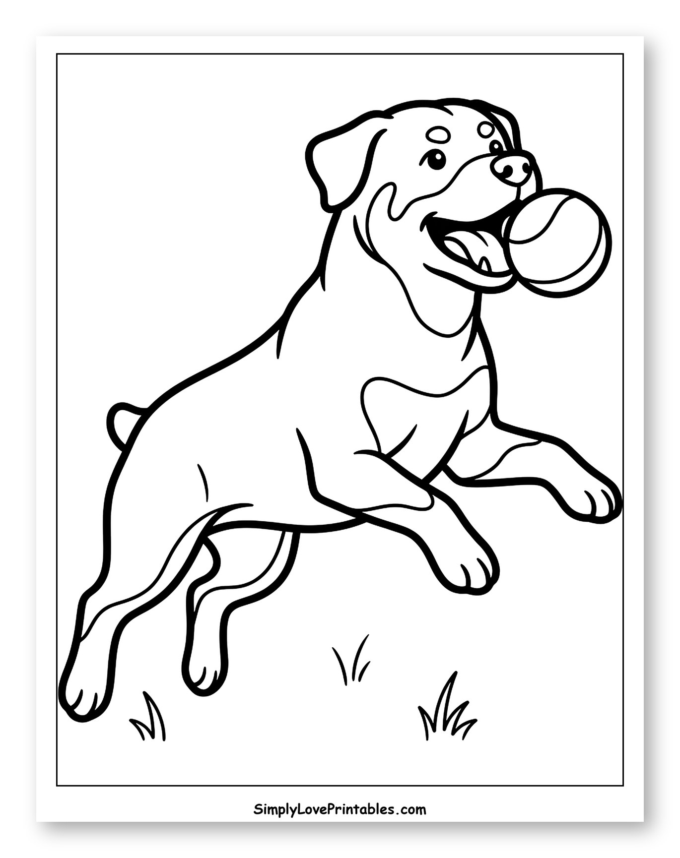 Happy Rottweiler Jumping with Ball Coloring Page for Toddlers