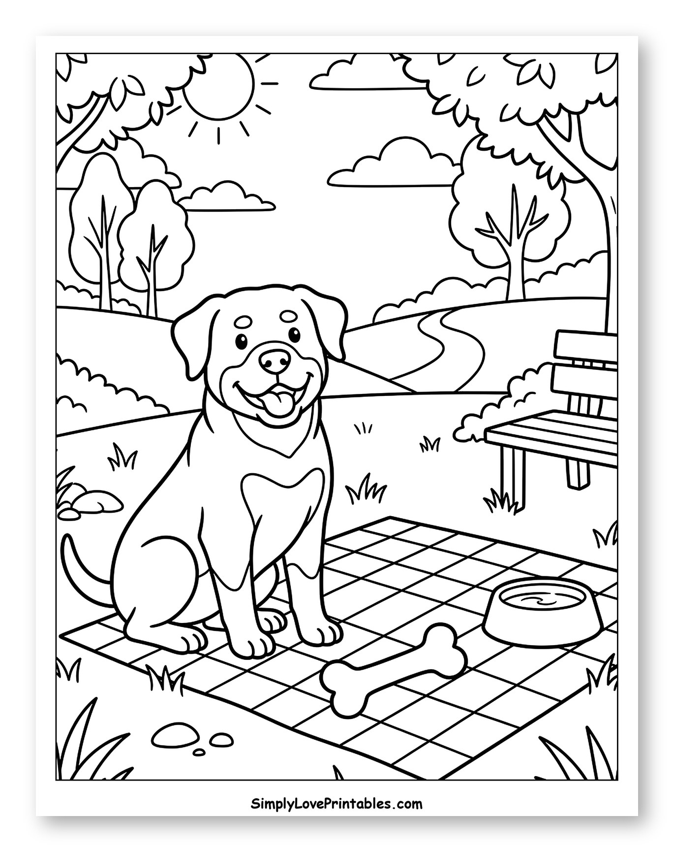Happy Rottweiler Puppy Sitting in a Park to Color for Kids