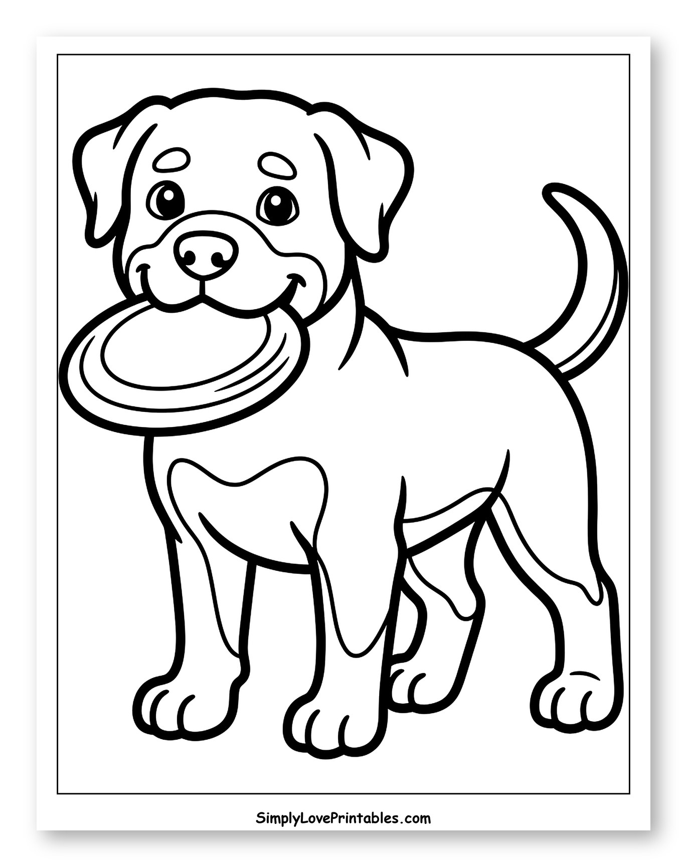 Happy Rottweiler Puppy with a Frisbee Coloring Sheet for Toddlers