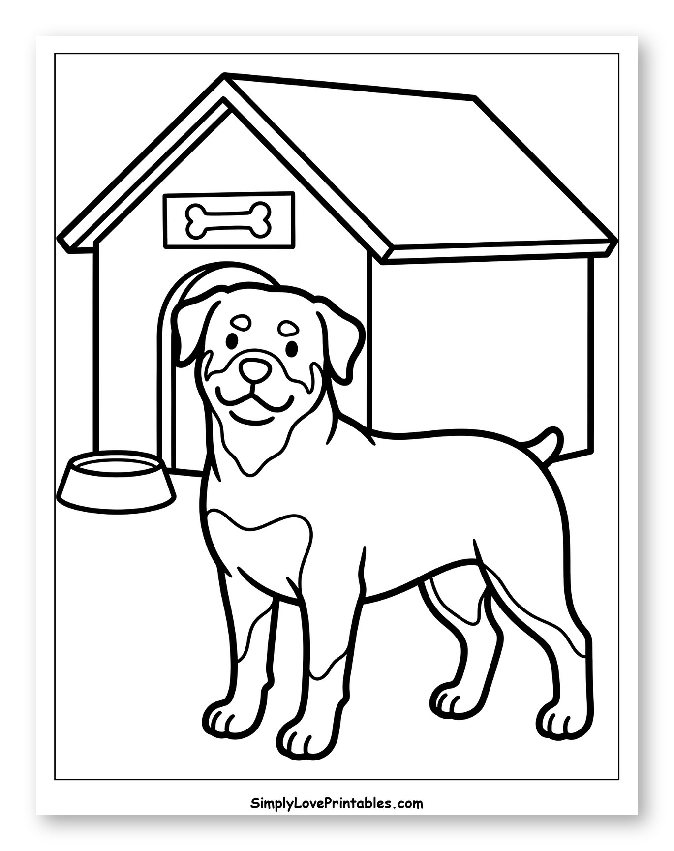 Happy Rottweiler Standing by Dog House Coloring Sheet for Toddlers