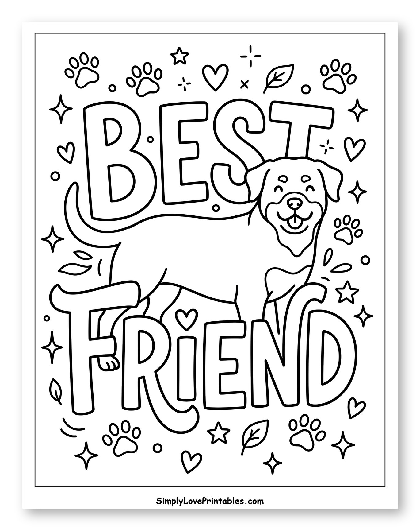 Happy Rottweiler with Best Friend Text Coloring Sheet for Adults