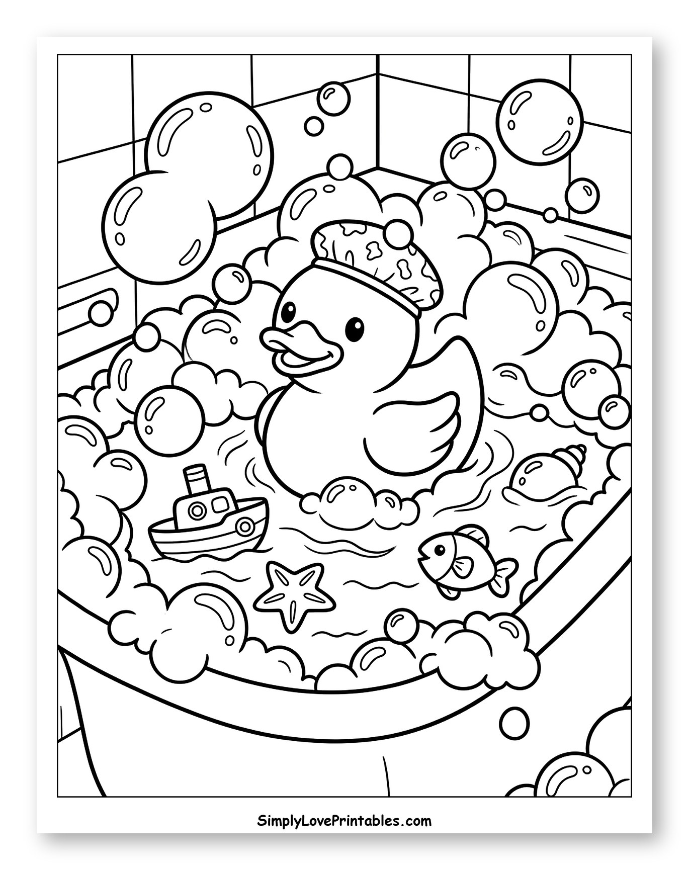 Happy Rubber Duck in Bubble Bathtub Coloring Page for Kids