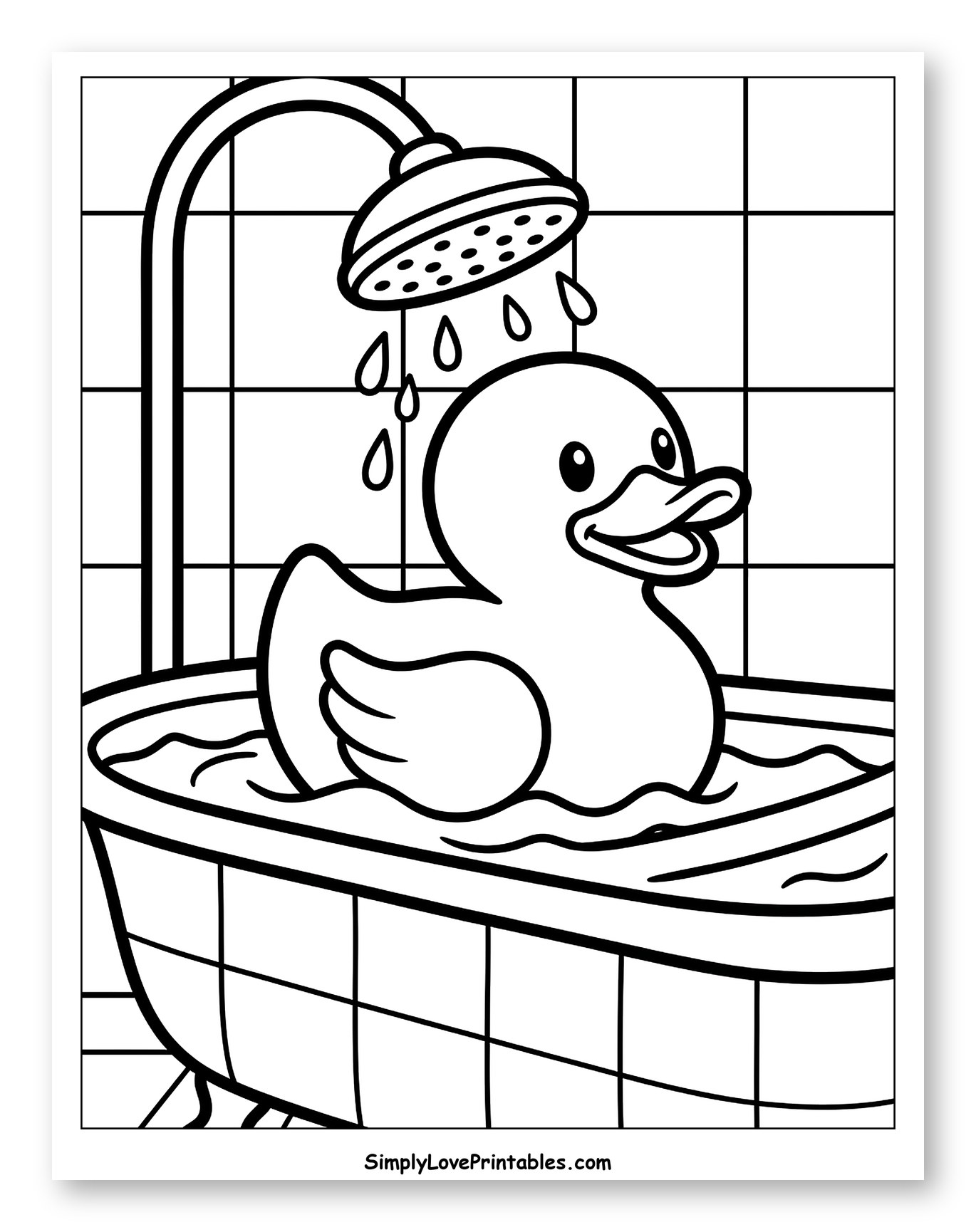 Happy Rubber Duck Under a Shower Coloring Page for Toddlers